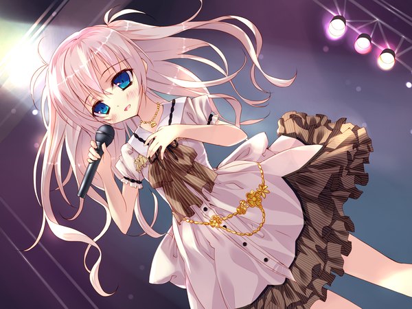 Anime picture 1280x960 with chiisana kanojo no serenade katagai shione tsurusaki takahiro single long hair looking at viewer blush blue eyes game cg white hair girl dress microphone