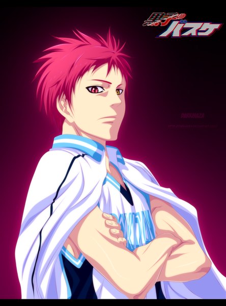 Anime picture 1665x2250 with kuroko no basket production i.g akashi seijuurou darkmaza single tall image short hair yellow eyes pink hair pink eyes inscription open clothes heterochromia coloring letterboxed crossed arms pink background clothes on shoulders boy uniform