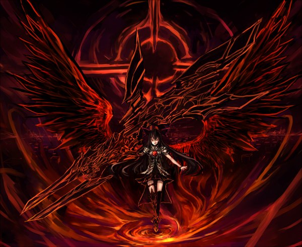 Anime picture 1346x1100 with touhou reiuji utsuho makai no juumin single long hair black hair smile red eyes arm cannon girl thighhighs skirt bow weapon wings