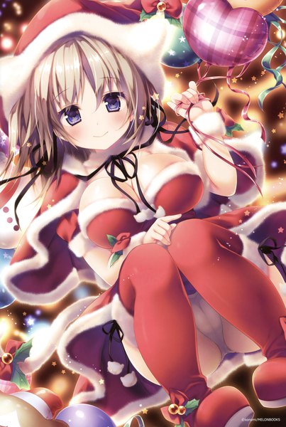 Anime picture 2554x3800 with melonbooks konomi (kino konomi) tall image blush highres short hair breasts blue eyes light erotic smile grey hair scan official art fur trim christmas girl thighhighs underwear panties hat