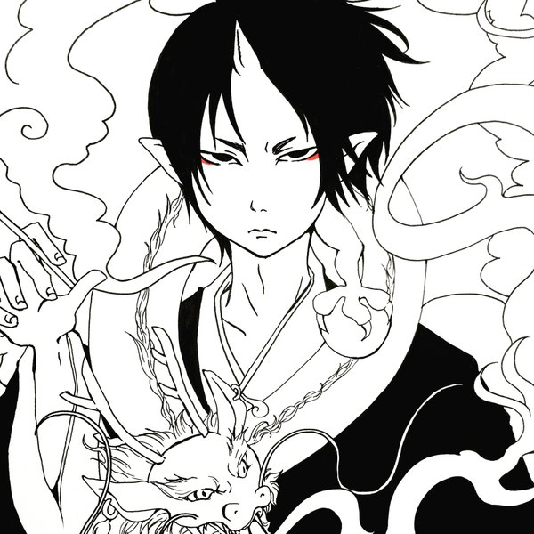 Anime picture 2000x2000 with hoozuki no reitetsu wit studio hoozuki (hoozuki no reitetsu) tama-chan (artist) single looking at viewer fringe highres short hair black hair traditional clothes japanese clothes horn (horns) fingernails wind lips pointy ears wide sleeves monochrome eyebrows