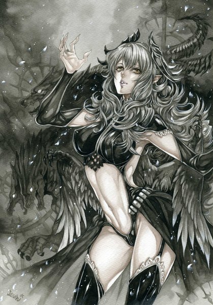 Anime picture 1247x1785 with original levin (artist) long hair tall image looking at viewer breasts light erotic large breasts brown eyes horn (horns) pointy ears grey hair bare belly wavy hair arched back traditional media watercolor (medium) girl thighhighs navel