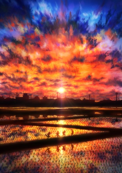 Anime picture 1500x2121 with original tomok1 tall image sky cloud (clouds) reflection landscape scenic silhouette running field sun child (children) house power lines rice paddy farm