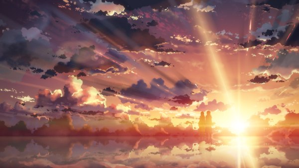 Anime picture 1920x1080 with sword art online a-1 pictures yuuki asuna kirigaya kazuto yuuki tatsuya highres wide image sky cloud (clouds) sunlight couple evening reflection sunset landscape silhouette girl boy