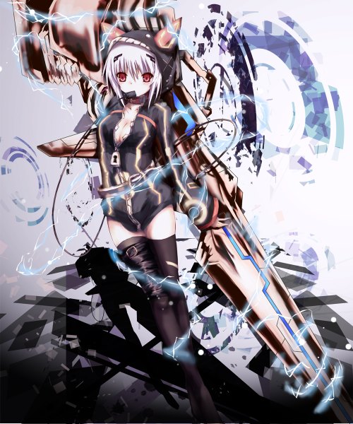 Anime picture 1000x1200 with black rock shooter original strength (black rock shooter) tagme (artist) single tall image blush short hair red eyes animal ears white hair alternate costume lightning electricity girl thighhighs weapon black thighhighs socks hood