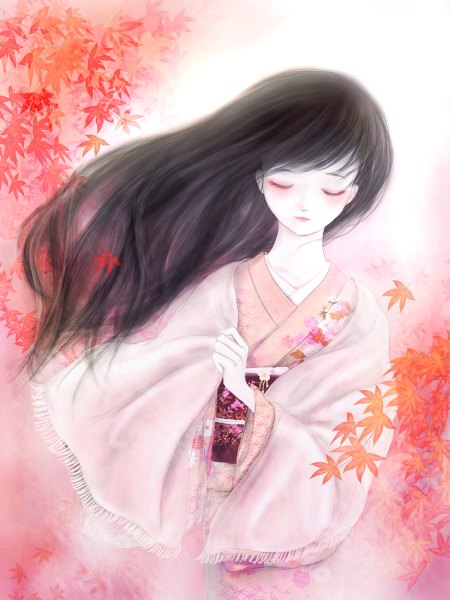 Anime picture 900x1200 with original kota (pixiv) single long hair tall image blush black hair eyes closed traditional clothes japanese clothes wind girl leaf (leaves) cape obi yukata autumn leaves