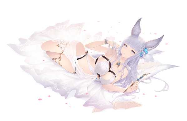 Anime picture 7087x4606 with granblue fantasy korwa (granblue fantasy) cait single long hair looking at viewer blush fringe highres breasts blue eyes light erotic simple background white background animal ears absurdres silver hair full body lying blunt bangs