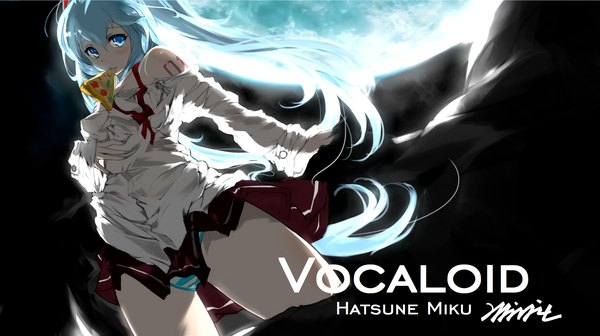 Anime picture 2500x1400 with denpa onna to seishun otoko vocaloid shaft (studio) hatsune miku touwa erio mivit single looking at viewer blush highres blue eyes light erotic wide image twintails holding signed long sleeves very long hair nail polish pleated skirt