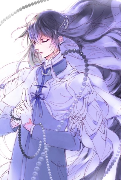 Anime picture 811x1200 with touken ranbu nitroplus juzumaru tsunetsugu enjin y single tall image fringe black hair simple background hair between eyes white background purple hair eyes closed very long hair multicolored hair two-tone hair hands clasped boy gloves white gloves