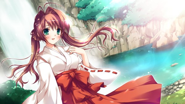 Anime picture 1920x1080 with iro ni ide ni keri waga koi wa highres brown hair wide image green eyes game cg traditional clothes japanese clothes miko girl hakama