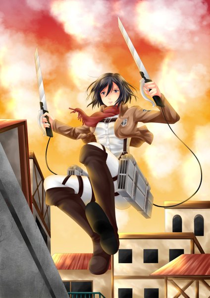 Anime picture 909x1285 with shingeki no kyojin production i.g mikasa ackerman villyane single tall image short hair black hair holding sky cloud (clouds) lips black eyes dual wielding girl weapon scarf building (buildings) thigh boots red scarf