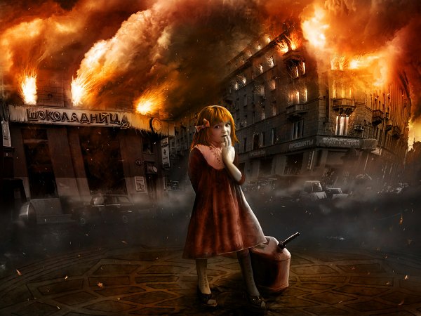 Anime picture 1200x900 with alexiuss blonde hair loli city smoke destruction explosion girl building (buildings) fire