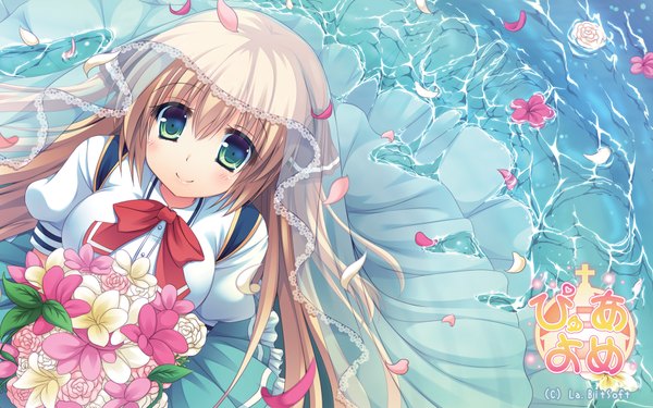 Anime picture 1920x1200 with pure yome single long hair looking at viewer blush highres blue eyes blonde hair smile game cg logo wedding girl dress uniform flower (flowers) school uniform petals water bowtie