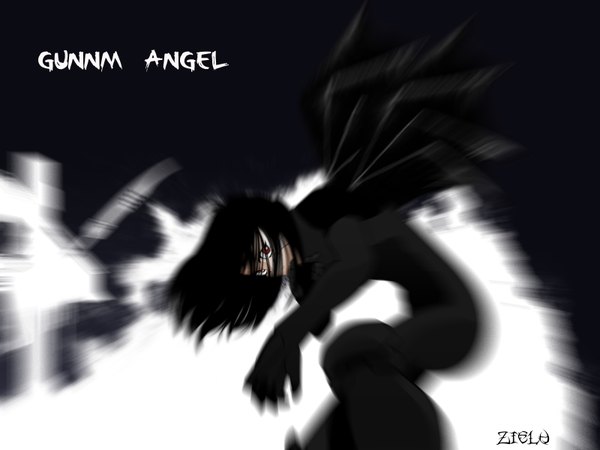 Anime picture 1600x1200 with battle angel alita gally short hair black hair red eyes inscription monochrome girl wings