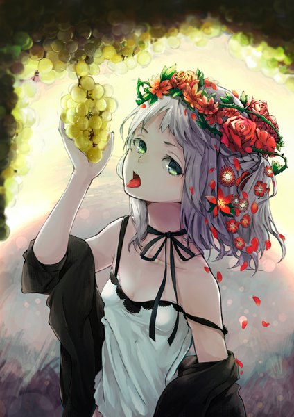Anime picture 777x1100 with original mille (dieci) single tall image looking at viewer short hair open mouth green eyes braid (braids) hair flower grey hair girl dress hair ornament flower (flowers) petals food tongue sundress berry (berries)