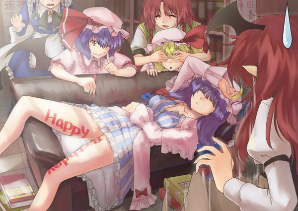 Anime picture 1235x875 with touhou flandre scarlet remilia scarlet izayoi sakuya patchouli knowledge hong meiling koakuma caesar et cleopatra (abo) lying eyes closed :o sweat sweatdrop sleeping head out of frame bat wings head wings happy birthday covering eye (eyes) no face