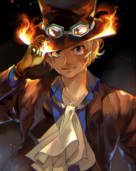 Anime picture 690x869 with one piece toei animation sabo (one piece) kyouichi single tall image looking at viewer short hair simple background blonde hair smile upper body black eyes black background scar adjusting hat boy gloves black gloves goggles