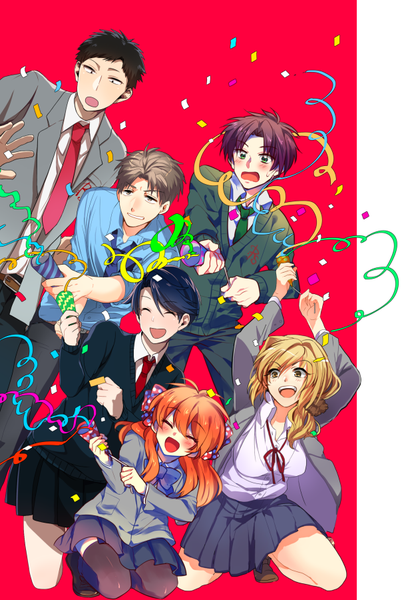 Anime picture 619x900 with gekkan shoujo nozaki-kun doga kobo sakura chiyo nozaki umetarou kashima yuu seo yuzuki hori masayuki wakamatsu hirotaka takumi (scya) long hair tall image short hair breasts open mouth blue eyes black hair blonde hair simple background brown hair twintails