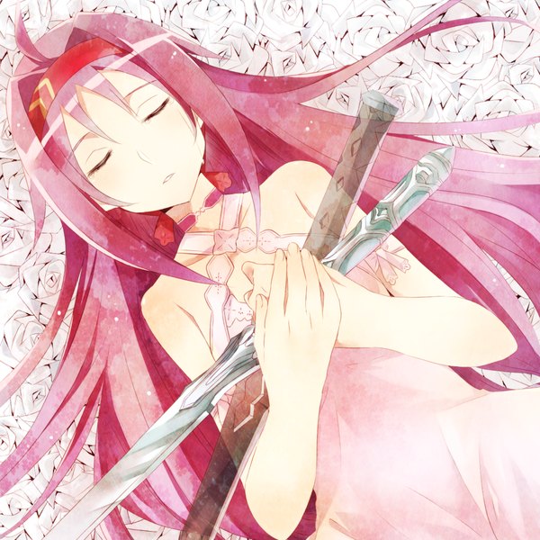 Anime picture 1220x1220 with sword art online a-1 pictures yuuki (sao) getsuyoubi single long hair bare shoulders pink hair ahoge lying eyes closed sleeping transparent girl dress weapon sword