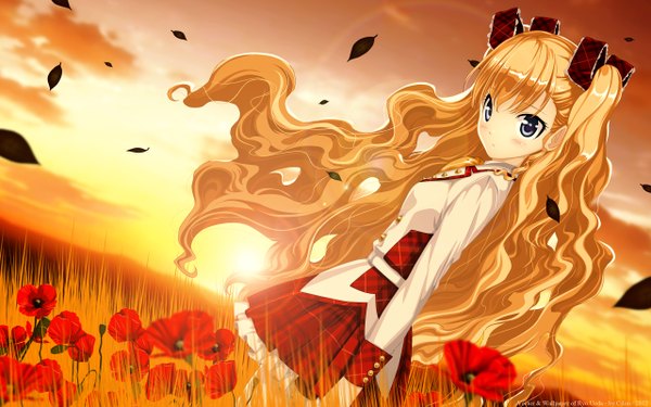 Anime picture 2560x1600 with nanatsu no fushigi no owaru toki furumiya elis cilou (artist) single long hair blush highres blue eyes blonde hair wide image loli evening sunset girl uniform flower (flowers) ribbon (ribbons) hair ribbon school uniform leaf (leaves)