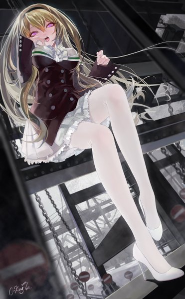 Anime picture 1582x2560 with original okingjo single long hair tall image looking at viewer blush open mouth blonde hair sitting pink eyes from below high heels finger to mouth girl skirt pantyhose jacket tongue chain