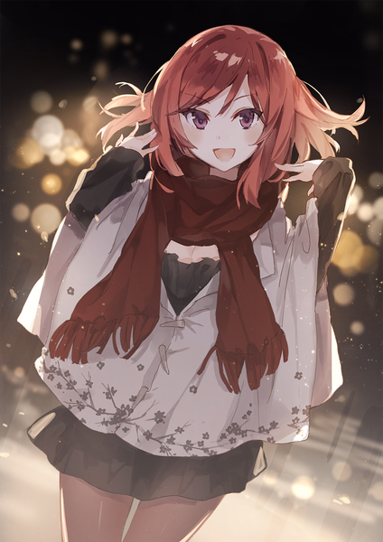 Anime picture 950x1344 with love live! school idol project sunrise (studio) love live! nishikino maki asuka (louyun) single tall image looking at viewer blush fringe short hair smile hair between eyes purple eyes red hair thigh gap floral print happy city lights girl