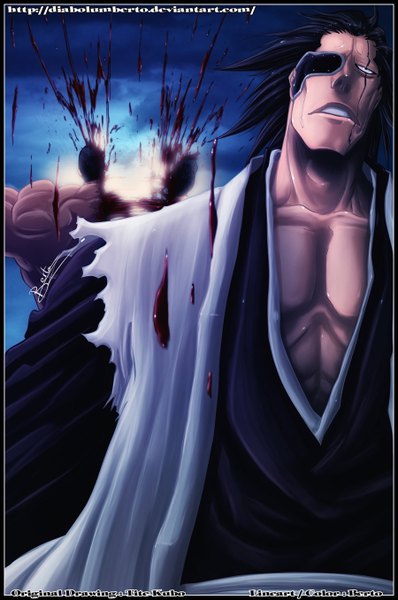 Anime picture 900x1355 with bleach studio pierrot zaraki kenpachi diabolumberto tall image short hair black hair sky cloud (clouds) traditional clothes japanese clothes black eyes coloring torn clothes muscle guro boy kimono blood eyepatch