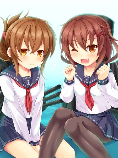 Anime picture 900x1200 with kantai collection inazuma destroyer ikazuchi destroyer niiya long hair tall image looking at viewer blush open mouth smile brown hair sitting multiple girls brown eyes one eye closed wink teeth fang (fangs) happy girl
