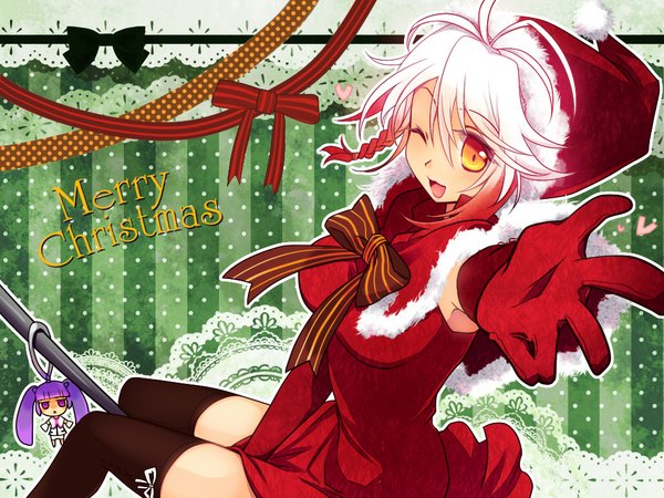 Anime picture 1024x768 with tales of graces pascal single fringe open mouth braid (braids) one eye closed multicolored hair wink orange eyes fur trim christmas merry christmas girl thighhighs gloves black thighhighs elbow gloves bowtie fur