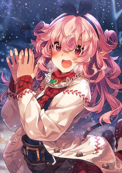 Anime picture 849x1200 with original recri (narumi arata) narumi arata single long hair tall image blush fringe open mouth smile hair between eyes red eyes looking away pink hair outdoors tail long sleeves :d pointy ears blurry