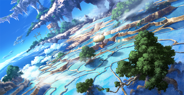 Anime picture 1000x519 with original mocha (cotton) wide image cloud (clouds) landscape fantasy scenic fog floating island plant (plants) tree (trees) water aircraft island dirigible