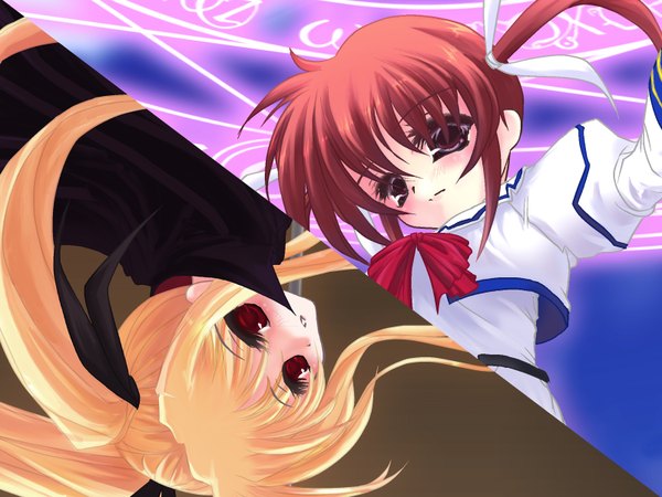 Anime picture 1600x1200 with mahou shoujo lyrical nanoha fate testarossa takamachi nanoha frapowa long hair looking at viewer blush short hair blonde hair red eyes brown hair twintails purple eyes multiple girls magic multiview girl ribbon (ribbons) 2 girls hair ribbon