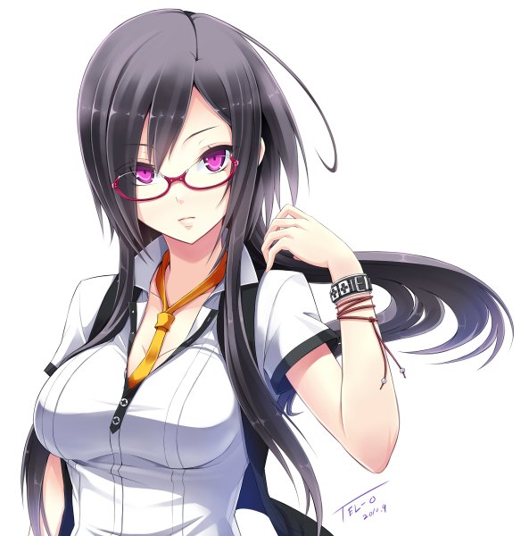 Anime picture 1167x1200 with original tel-o single long hair tall image looking at viewer breasts black hair simple background white background pink eyes short sleeves partially open clothes girl glasses necktie bracelet