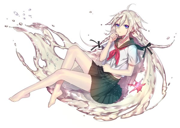 Anime picture 2100x1500 with vocaloid ia (vocaloid) bottle ia (vocaloid) tayuya1130 single long hair looking at viewer highres blue eyes simple background blonde hair white background full body ahoge braid (braids) very long hair nail polish pleated skirt barefoot liquid hair
