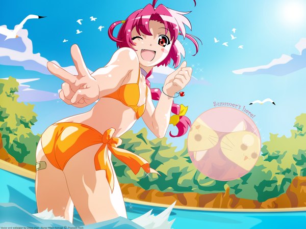 Anime picture 1600x1200 with nurse witch komugi-chan tatsunoko nakahara komugi single light erotic smile white background animal ears ahoge ass braid (braids) one eye closed pink eyes looking back wink fang (fangs) bunny ears wallpaper single braid victory