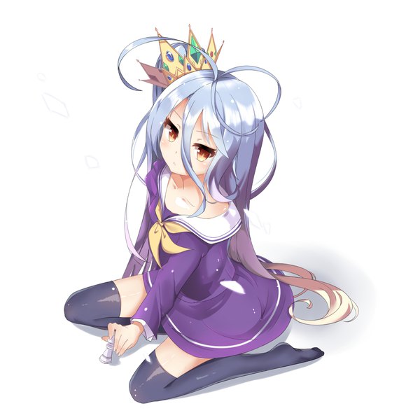 Anime picture 1000x1000 with no game no life madhouse shiro (no game no life) nahaki single long hair looking at viewer blush fringe simple background hair between eyes white background sitting brown eyes blue hair ahoge from above off shoulder one side up wariza
