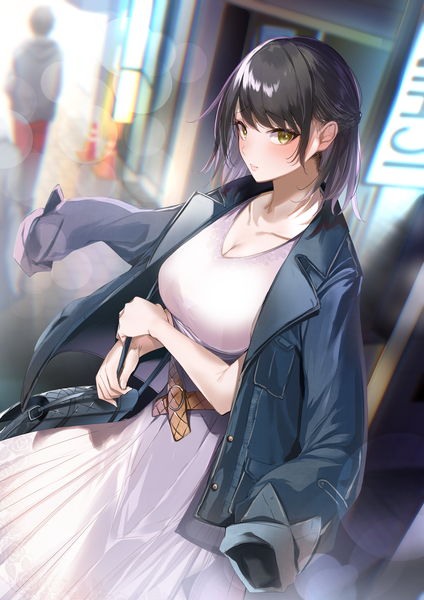 Anime picture 4959x7015 with original kazu kakao tall image looking at viewer blush fringe highres short hair breasts black hair standing yellow eyes absurdres cleavage lens flare solo focus clothes on shoulders denim waiting girl