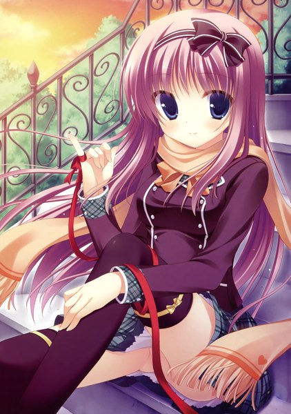 Anime picture 2532x3600 with yukie (peach candy) single long hair tall image looking at viewer highres blue eyes light erotic sitting purple hair scan girl thighhighs uniform bow ribbon (ribbons) black thighhighs hair bow school uniform hairband