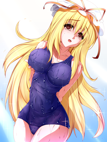 Anime picture 1440x1920 with touhou yakumo yukari nanase nanami (artist) single long hair tall image breasts open mouth light erotic blonde hair large breasts brown eyes wet wet clothes girl ribbon (ribbons) swimsuit bonnet