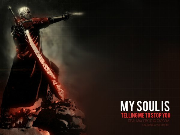 Anime picture 1152x864 with devil may cry dante (devil may cry) single short hair white hair inscription rock boy gloves weapon sword blood cloak pistol huge weapon huge sword