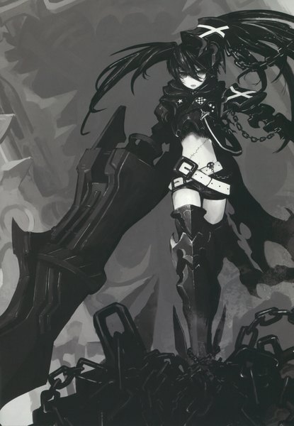 Anime picture 2408x3481 with black rock shooter insane black rock shooter huke single long hair tall image highres twintails scan midriff monochrome scar girl weapon jacket shorts belt armor chain huge weapon