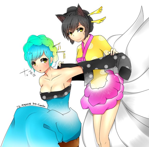 Anime picture 2893x2866 with league of legends ahri (league of legends) sona buvelle misuriru (artist) blush highres short hair open mouth black hair smile white background multiple girls animal ears yellow eyes multicolored hair facial mark multiple tails whisker markings girl 2 girls