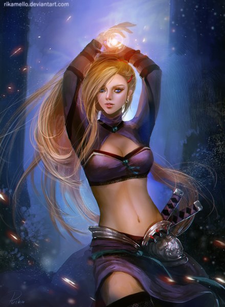 Anime picture 1280x1743 with naruto studio pierrot naruto (series) yamanaka ino rikamello single long hair tall image blue eyes light erotic blonde hair lips realistic bare belly midriff magic girl navel hair ornament weapon