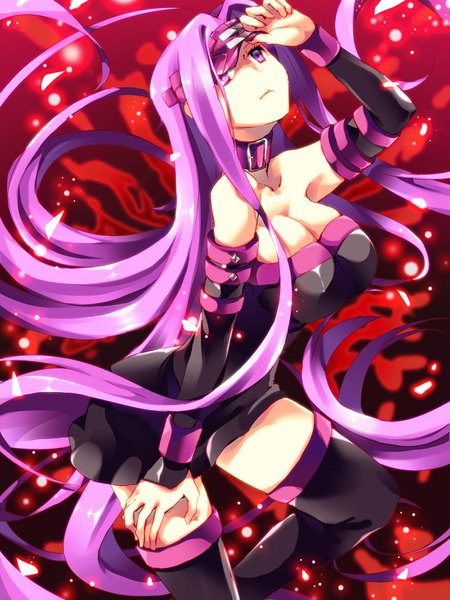 Anime picture 800x1067 with fate (series) fate/stay night studio deen type-moon rider anakayso single tall image looking at viewer breasts light erotic large breasts purple eyes bare shoulders cleavage purple hair bent knee (knees) very long hair armpit (armpits) zettai ryouiki