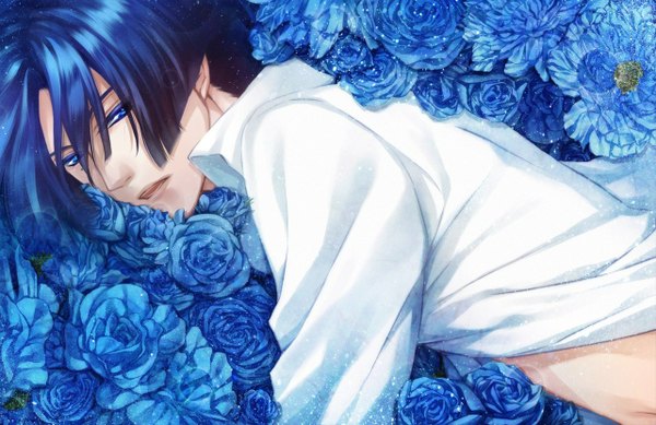 Anime picture 1280x830 with uta no prince-sama a-1 pictures hijirikawa masato tagme (artist) single looking at viewer short hair open mouth blue eyes blue hair lying boy navel flower (flowers) shirt white shirt rose (roses) blue rose fireflies