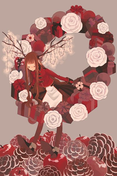 Anime picture 700x1050 with original miri (cherryjelly) bitikara single long hair tall image blush fringe simple background smile standing eyes closed horn (horns) grey background spread arms girl gloves flower (flowers) rose (roses) fruit