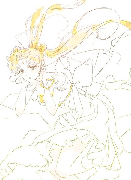 Anime picture 700x960 with bishoujo senshi sailor moon toei animation tsukino usagi princess serenity t growing single long hair tall image simple background blonde hair white background twintails green eyes looking away hair bun (hair buns) forehead mark sketch hands on face girl dress