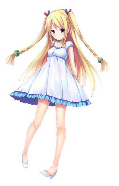 Anime picture 772x1200 with original aixioo single long hair tall image looking at viewer blonde hair simple background white background light smile two side up heterochromia girl dress hair ornament sundress