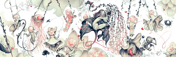 Anime picture 2132x700 with original james jean (artist) highres wide image girl flower (flowers) plant (plants) animal bird (birds) child (children) motorcycle swing egg skipping rope nest