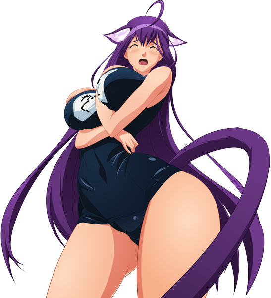 Anime picture 7285x8000 with asobi ni iku yo! kuune (asobi ni iku yo!) manaalchemist single long hair tall image blush highres breasts open mouth light erotic large breasts animal ears absurdres purple hair ahoge eyes closed animal tail cat ears from below